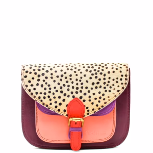 Dark purple and pink animal print recycled leather saddle crossbody bag by Soruka