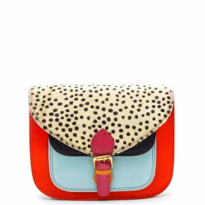 Blue and red animal print recycled leather saddle crossbody bag by Soruka