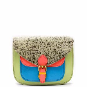 Blue and green animal print recycled leather saddle crossbody bag by Soruka