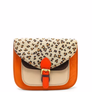 Orange and brown animal print recycled leather saddle crossbody bag by Soruka