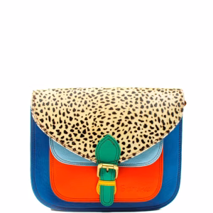Blue and red animal print recycled leather saddle crossbody bag by Soruka