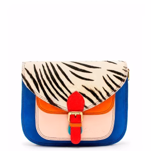 Women’s recycled leather crossbody bag in blue and orange tones with animal print flap and adjustable leather strap