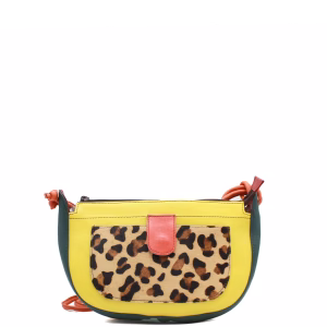 Yellow recycled leather shoulder bag with animal print front pocket by Soruka