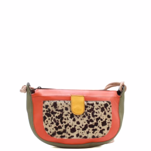 Red recycled leather shoulder bag with animal print front pocket by Soruka