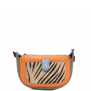 Orange recycled leather shoulder bag with animal print front pocket by Soruka