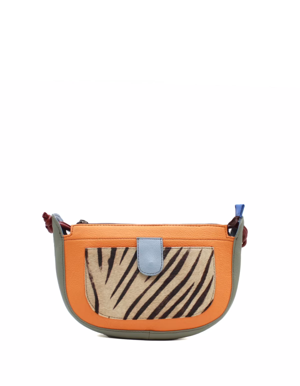 Orange recycled leather shoulder bag with animal print front pocket by Soruka