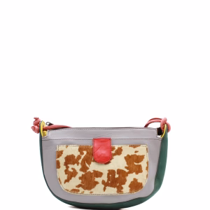 Light purple recycled leather shoulder bag with animal print front pocket by Soruka