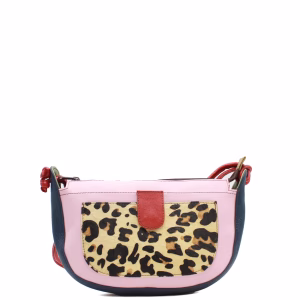 Pink recycled leather shoulder bag with animal print front pocket by Soruka