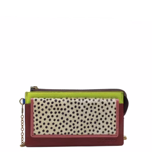 Light green and red animal print recycled leather crossbody wallet by Soruka