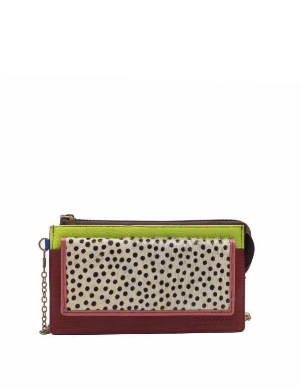 Light green and red animal print recycled leather crossbody wallet by Soruka
