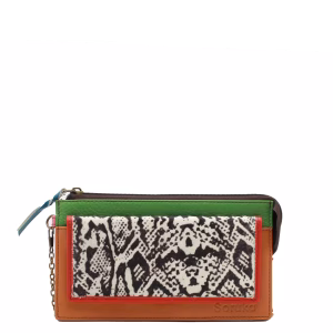 Orange and green animal print recycled leather crossbody wallet by Soruka
