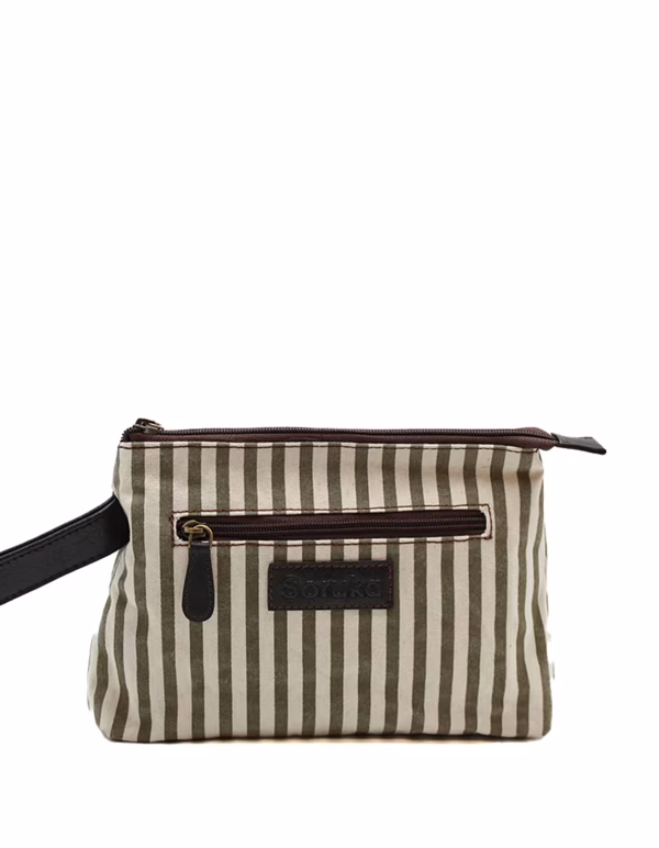 Sage green recycled leather and upcycled canvas toiletry bag Mediterrània Edition by Soruka