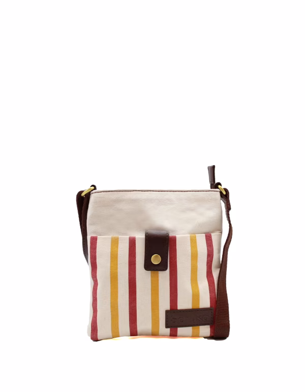 Sand beige recycled leather and upcycled canvas crossbody bag by Soruka