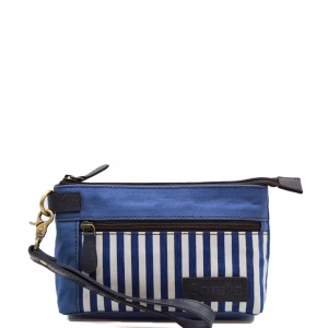 Azure blue recycled leather and canvas wristlet bag by Soruka