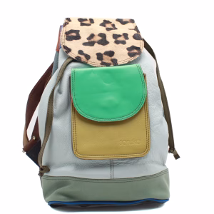 Blue and green animal print upcycled leather backpack by Soruka