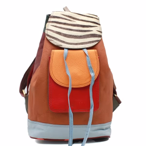 Brown multicolor animal print upcycled leather backpack by Soruka