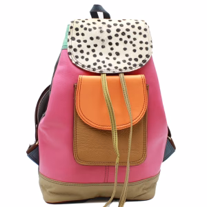 Pink multicolor animal print upcycled leather backpack by Soruka