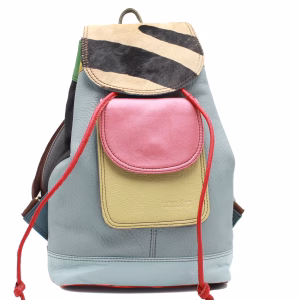 Light blue multicolor animal print upcycled leather backpack by Soruka