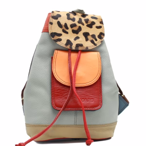 Light blue multicolor animal print upcycled leather backpack by Soruka