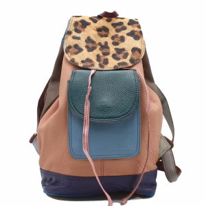 Light brown and blue animal print upcycled leather backpack by Soruka