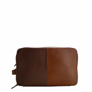 Brown recycled leather toiletry bag with double zip compartments by Soruka