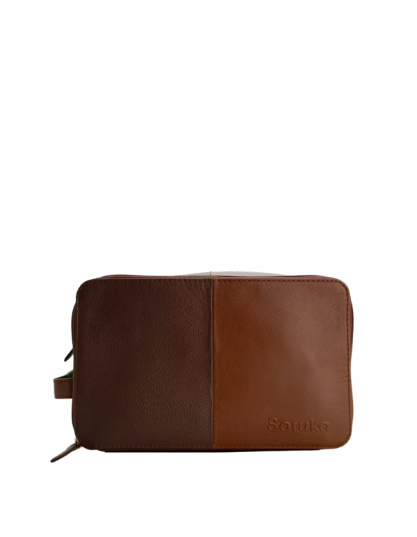 Brown recycled leather toiletry bag with double zip compartments by Soruka