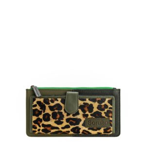 Green animal print recycled leather wallet with zip coin pocket by Soruka