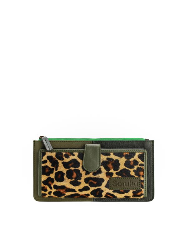 Green animal print recycled leather wallet with zip coin pocket by Soruka