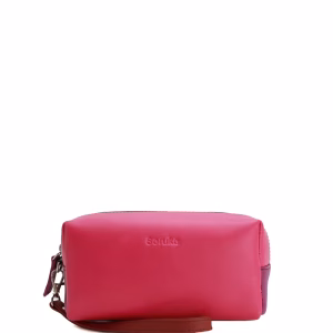 Pink and blue recycled leather travel pouch with wrist strap by Soruka