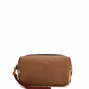 Brown and green recycled leather travel pouch with wrist strap by Soruka