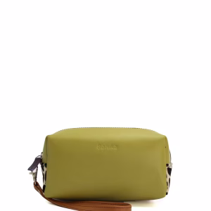 Green and purple animal print recycled leather travel pouch with wrist strap by Soruka