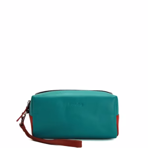 Blue and purple recycled leather travel pouch with wrist strap by Soruka