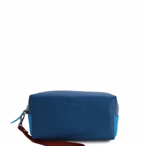 Blue recycled leather travel pouch with wrist strap by Soruka