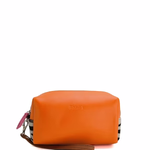 Orange and pink recycled leather travel pouch with wrist strap by Soruka