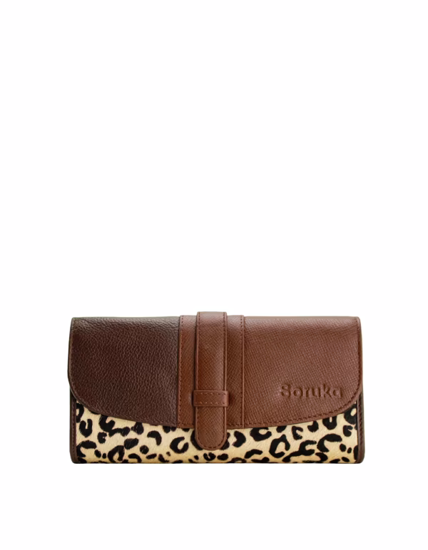 Brown animal print recycled leather wallet with coin pocket by Soruka