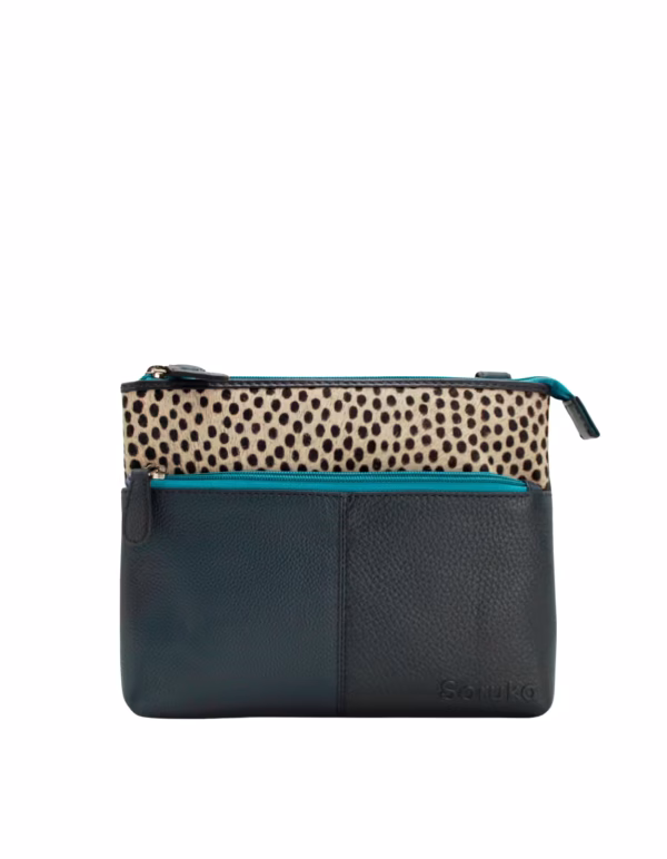 Dark blue and turquoise animal print recycled leather crossbody bag by Soruka