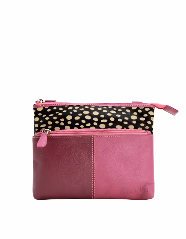Pink animal print recycled leather crossbody bag by Soruka