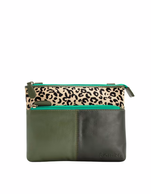 Green animal print recycled leather crossbody bag by Soruka