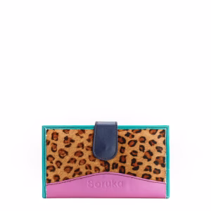 Blue and pink animal print recycled leather wallet with zip coin pocket by Soruka