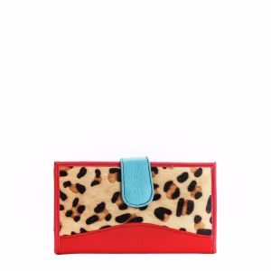 Red and blue animal print recycled leather wallet with zip coin pocket by Soruka
