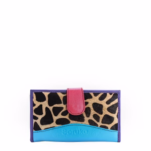 Blue and pink animal print recycled leather wallet with zip coin pocket by Soruka