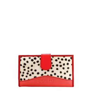 Red animal print recycled leather wallet with zip coin pocket by Soruka
