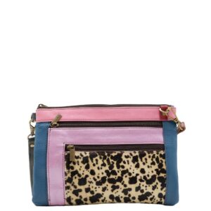 Pink and blue recycled leather crossbody bag with animal print pocket by Soruka