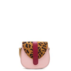 Pink animal print recycled leather small saddle crossbody bag by Soruka